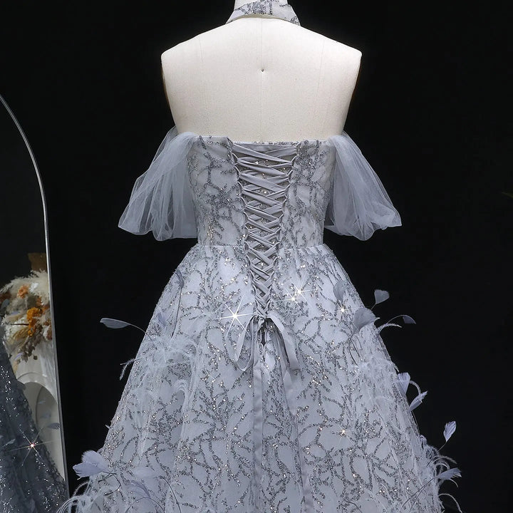 Luxury Silver Sequin Feather Off Shoulder Prom Dress with Choker SS738