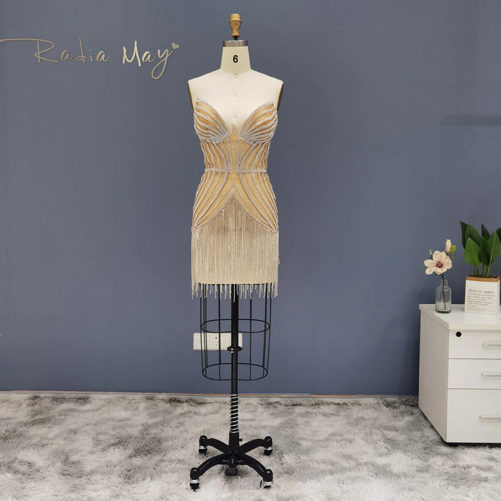Elegant Strapless Crystal Tassel Mini Cocktail Dress RM012