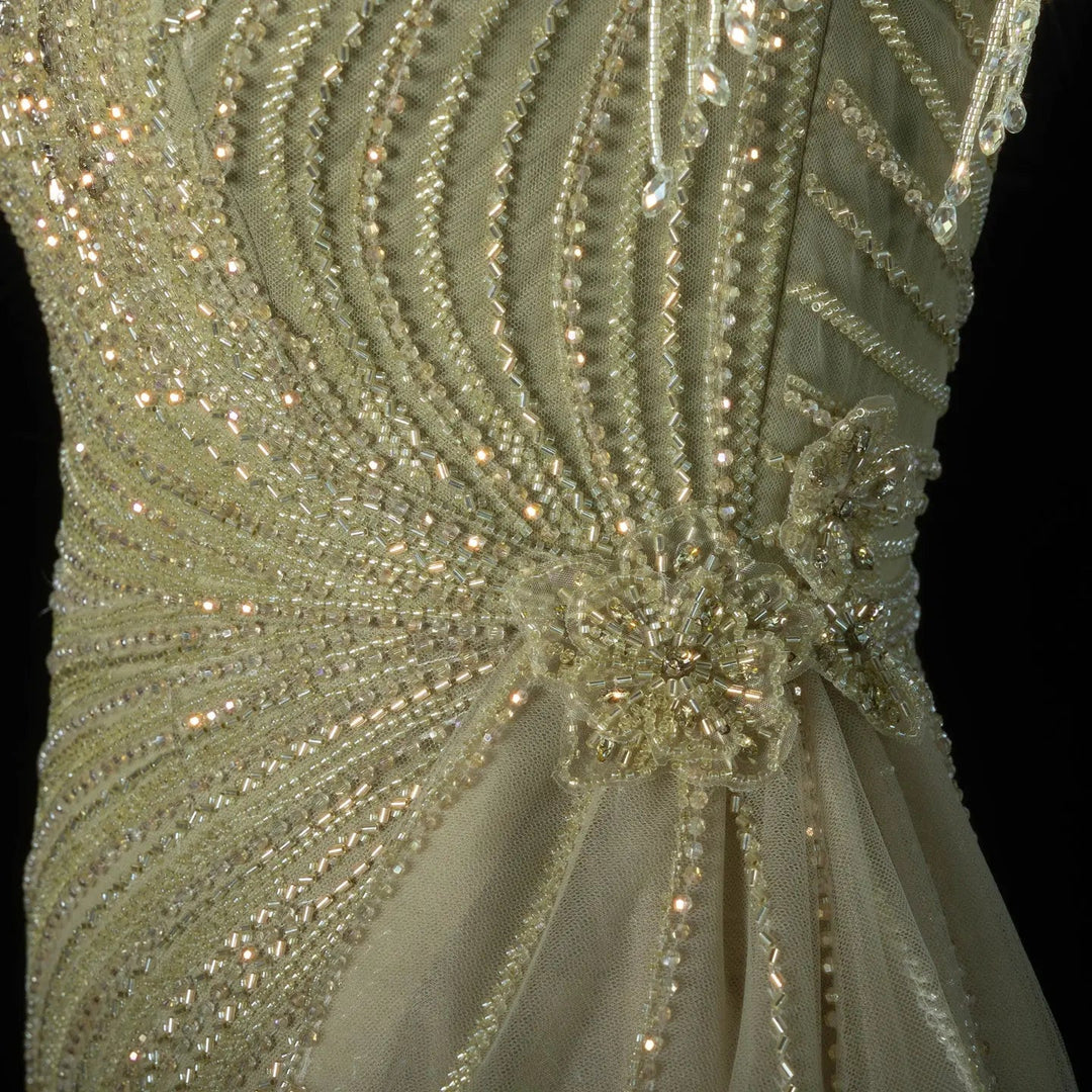 ‌ Luxury Intricately Beaded Fringe-Shoulder Fitted Evening Gown SS103