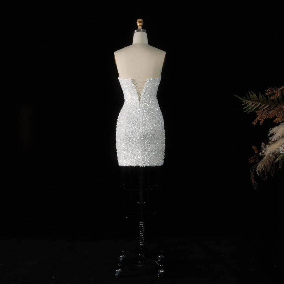 Elegant White Sequin and Pearl Strapless Mini Wedding Dress SW520