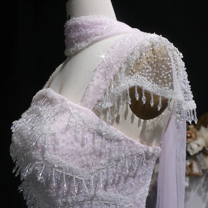 Luxury Gradient White Beaded Layered Evening Gown with Scarf SS523