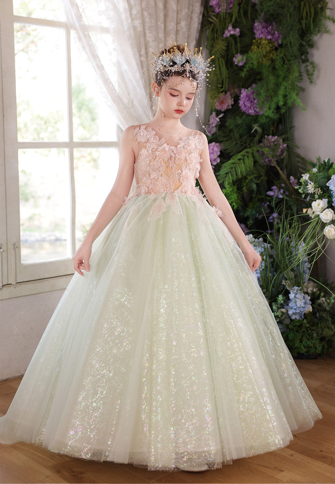 Sage Green Floral Lace Princess Ball Gown Flower Girl Dress J118