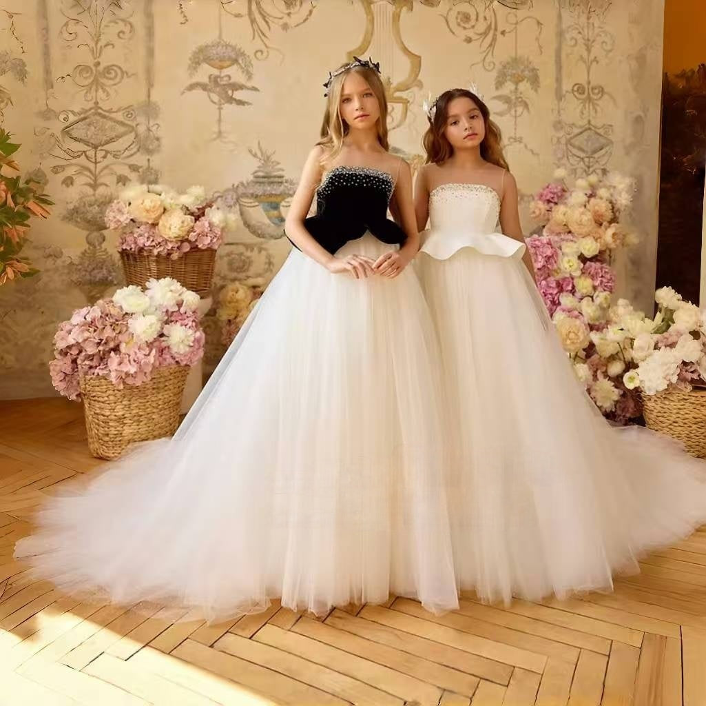Luxury White Flower Girl Dress with Beaded Bodice and Tulle Skirt J388 Black / child-14
