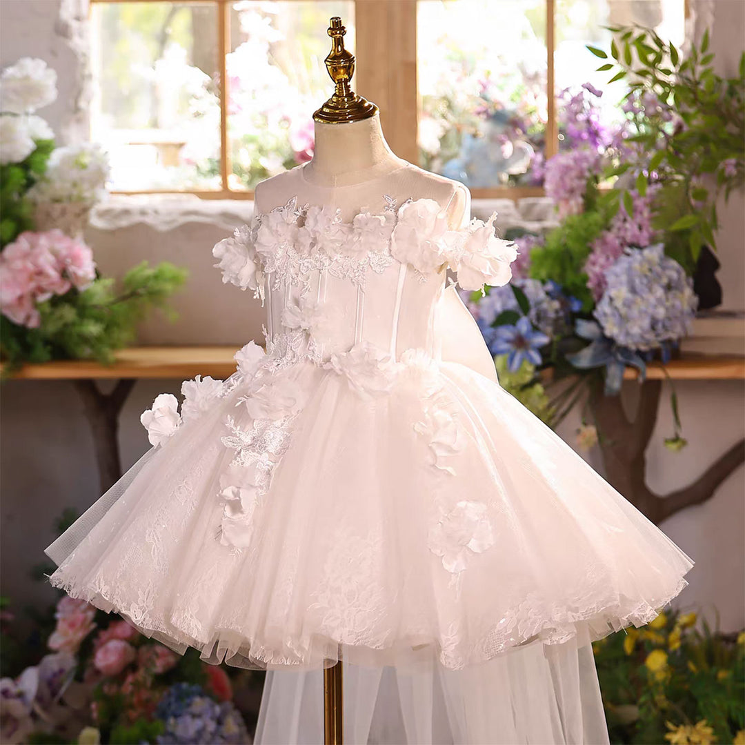White Flower Girl Dress for Girls Off-Shoulder 3D Floral Tulle Dress J903