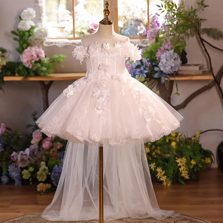 White Flower Girl Dress for Girls Off-Shoulder 3D Floral Tulle Dress J903