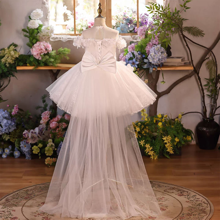 White Flower Girl Dress for Girls Off-Shoulder 3D Floral Tulle Dress J903
