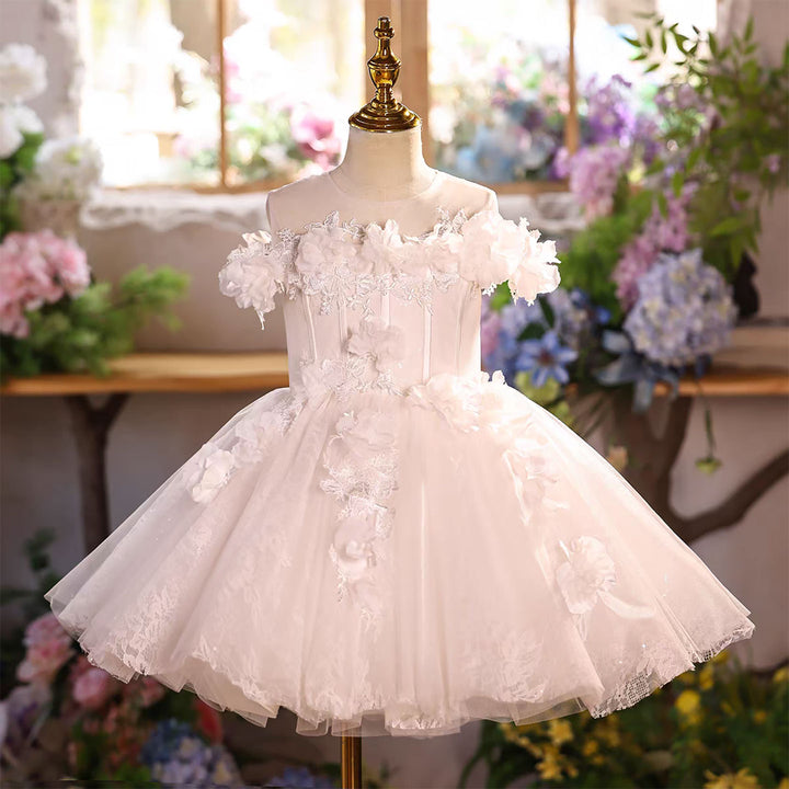 White Flower Girl Dress for Girls Off-Shoulder 3D Floral Tulle Dress J903
