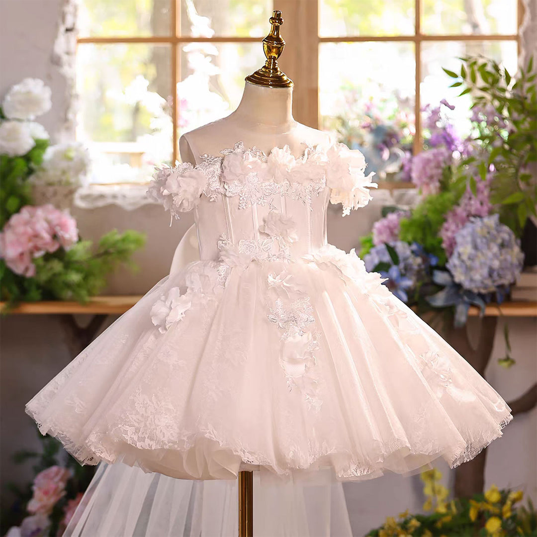 White Flower Girl Dress for Girls Off-Shoulder 3D Floral Tulle Dress J903