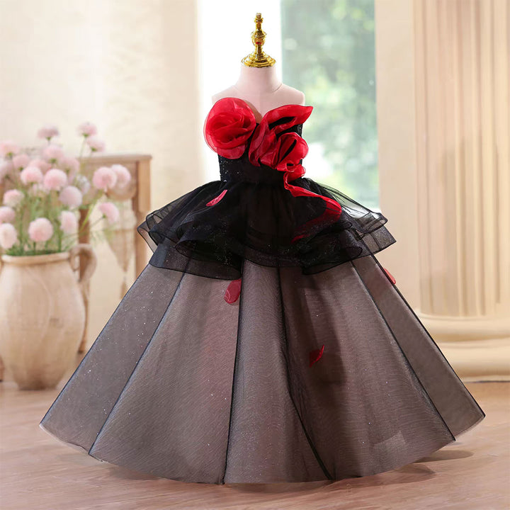 Mystique Black Flower Girl Dress with Contrast Red Roses Floor Length D122