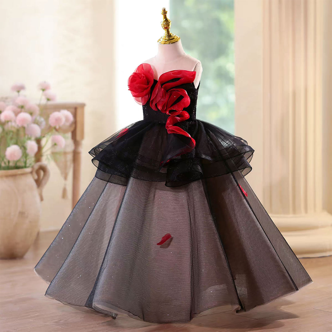 Mystique Black Flower Girl Dress with Contrast Red Roses Floor Length D122