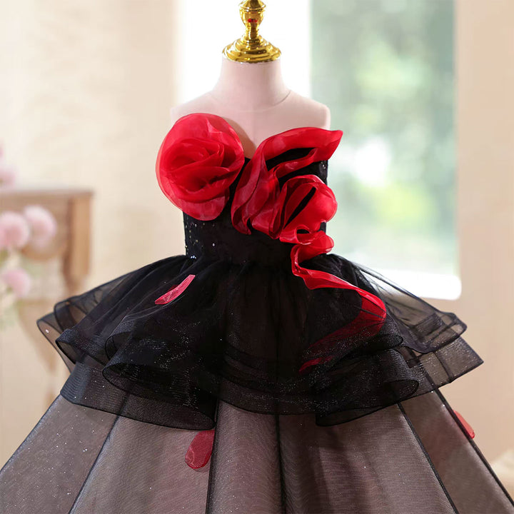 Mystique Black Flower Girl Dress with Contrast Red Roses Floor Length D122