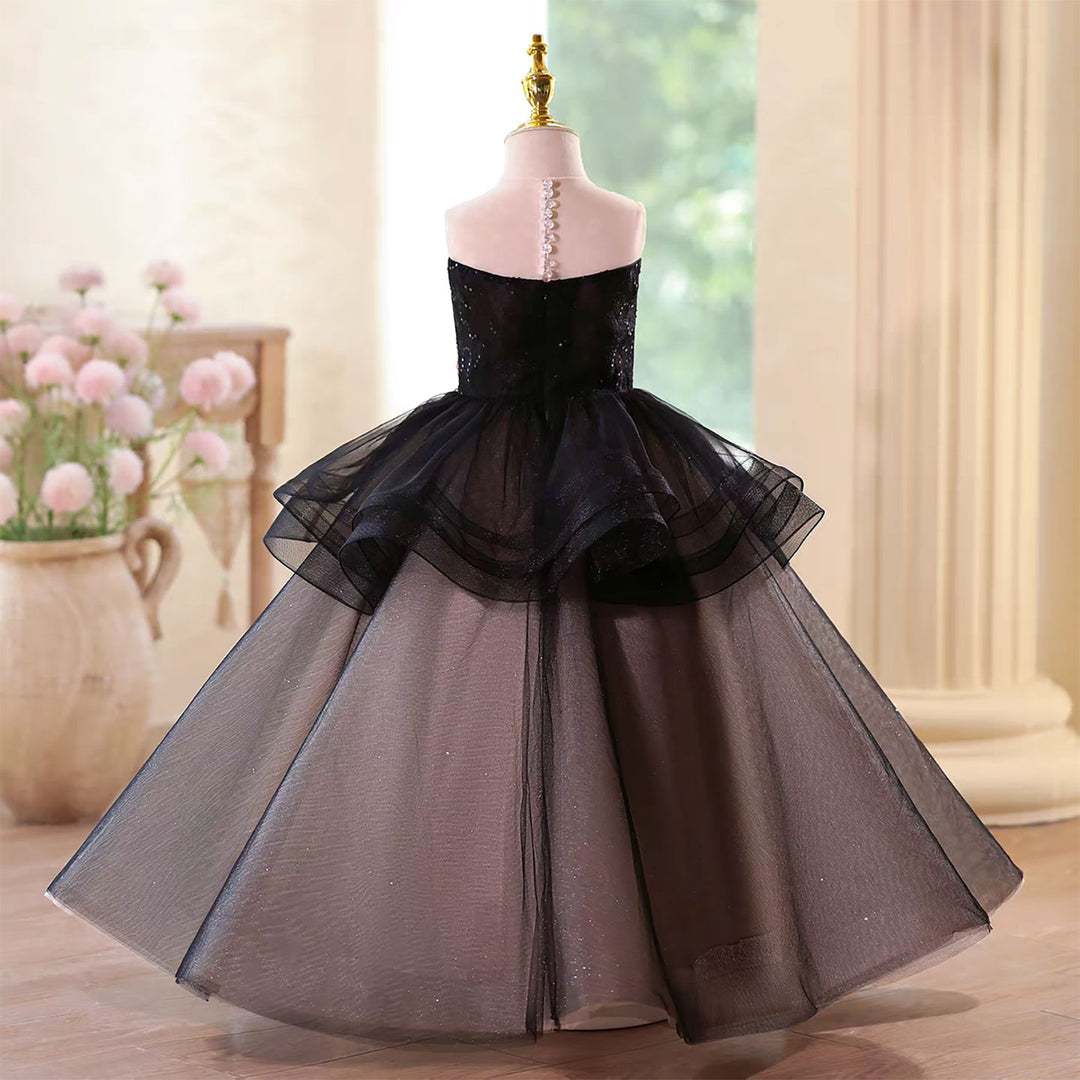 Mystique Black Flower Girl Dress with Contrast Red Roses Floor Length D122