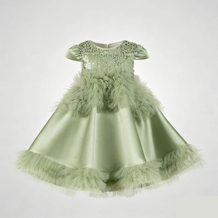Luxury Sage Green Princess Dress with Feather Details J899