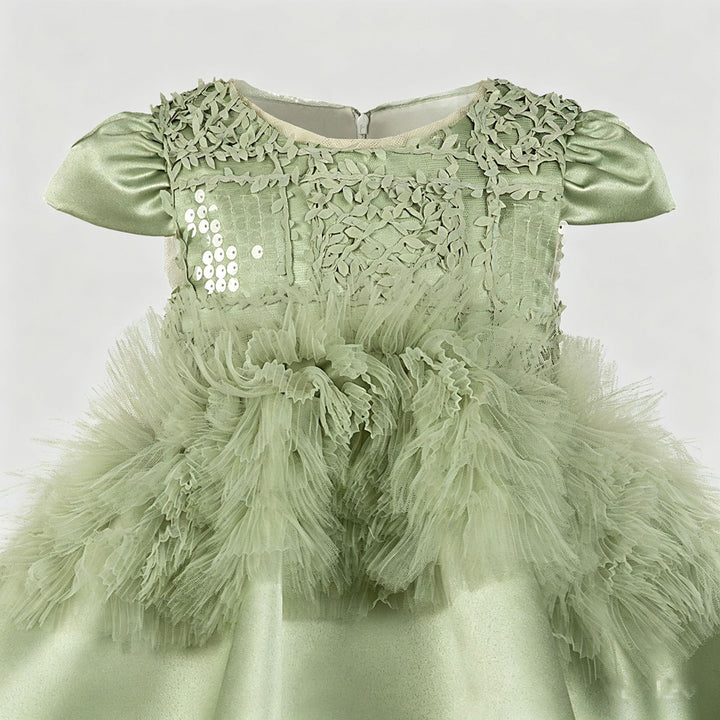 Luxury Sage Green Princess Dress with Feather Details J899