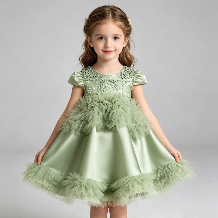 Luxury Sage Green Princess Dress with Feather Details J899