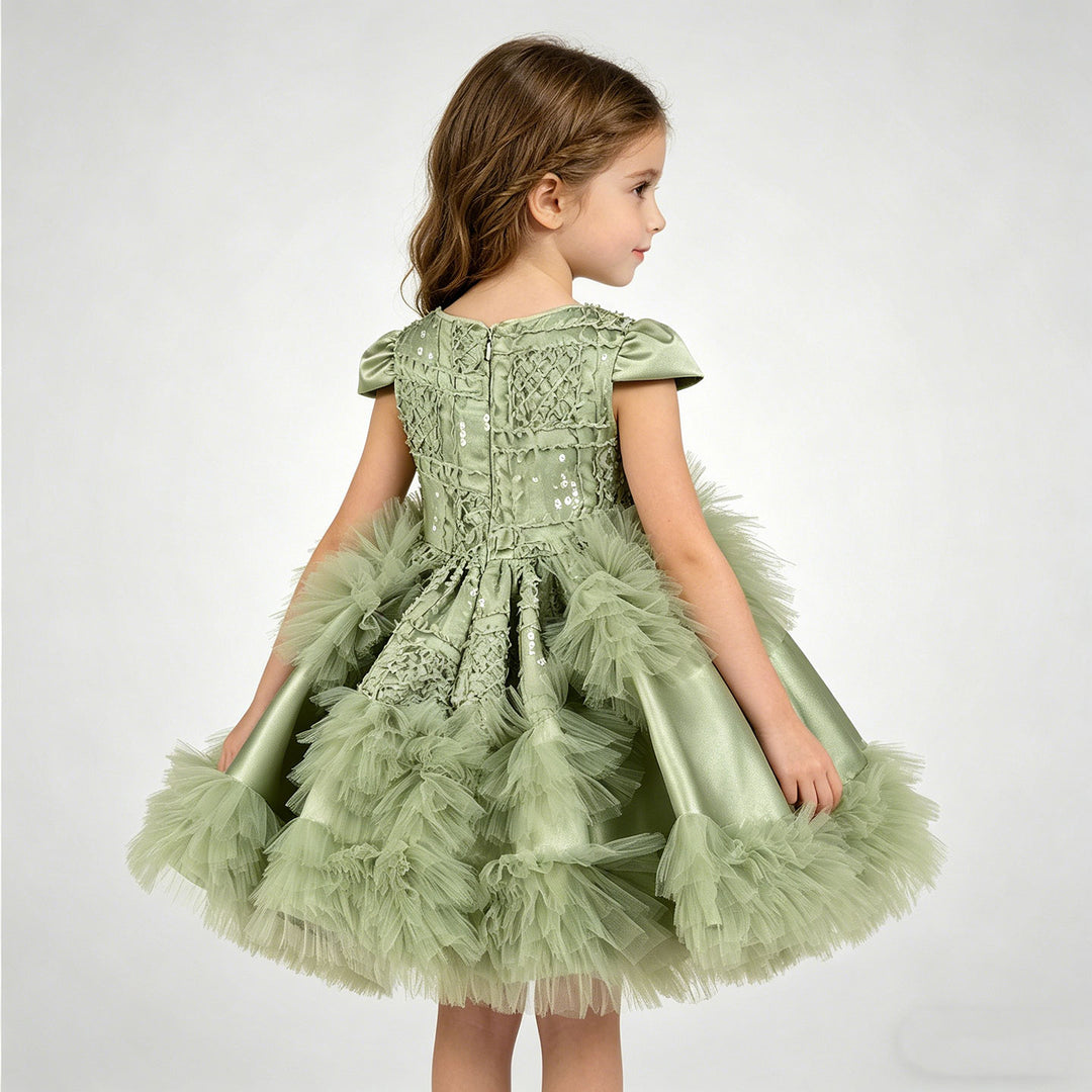 Luxury Sage Green Princess Dress with Feather Details J899