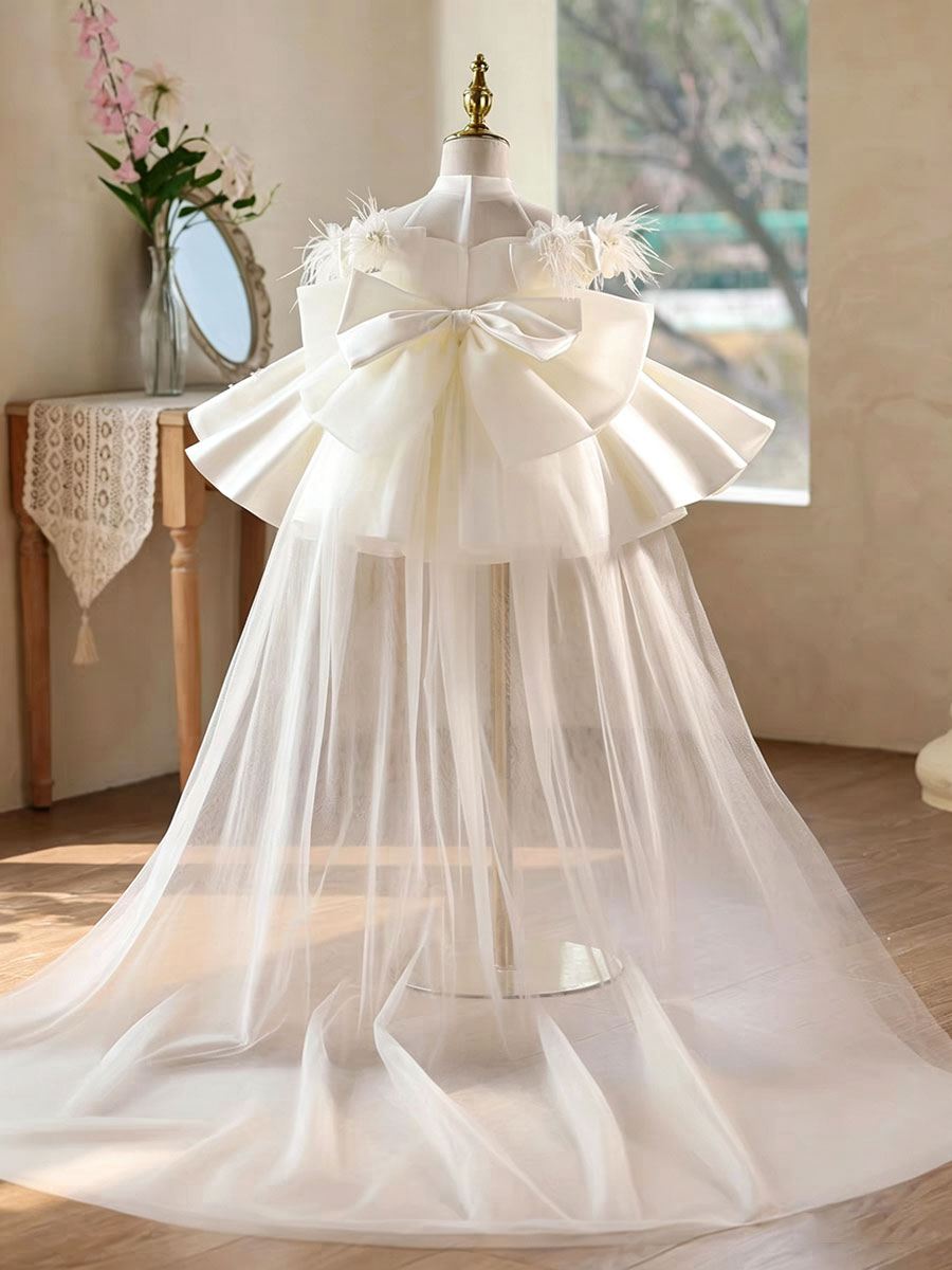 Luxury White Feather Flower Girl Dress with 3D Embroidery Tulle Princess Wedding Gown J893