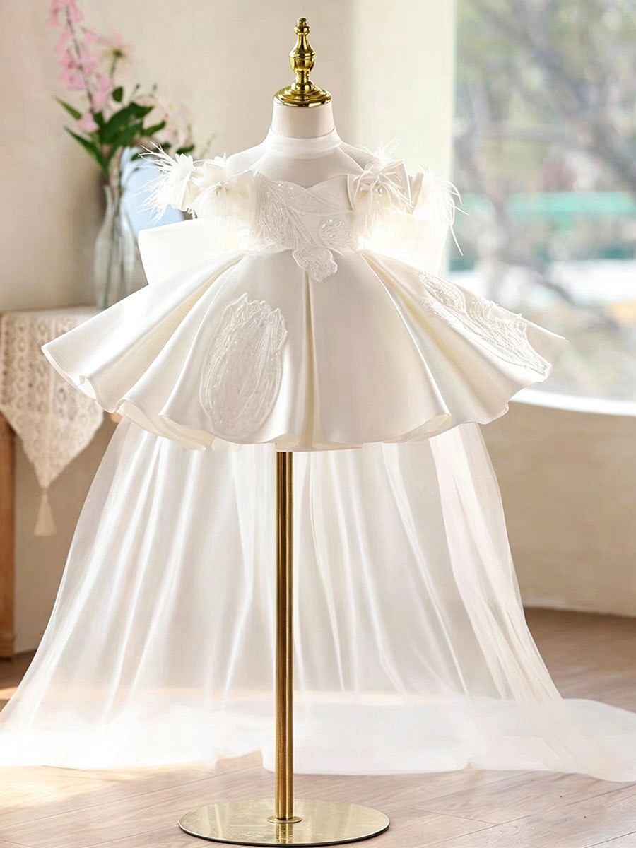 Luxury White Feather Flower Girl Dress with 3D Embroidery Tulle Prince DreamyVow Luxury White Feather Flower Girl Dress with 3D Embroidery Tulle Prince DreamyVow
