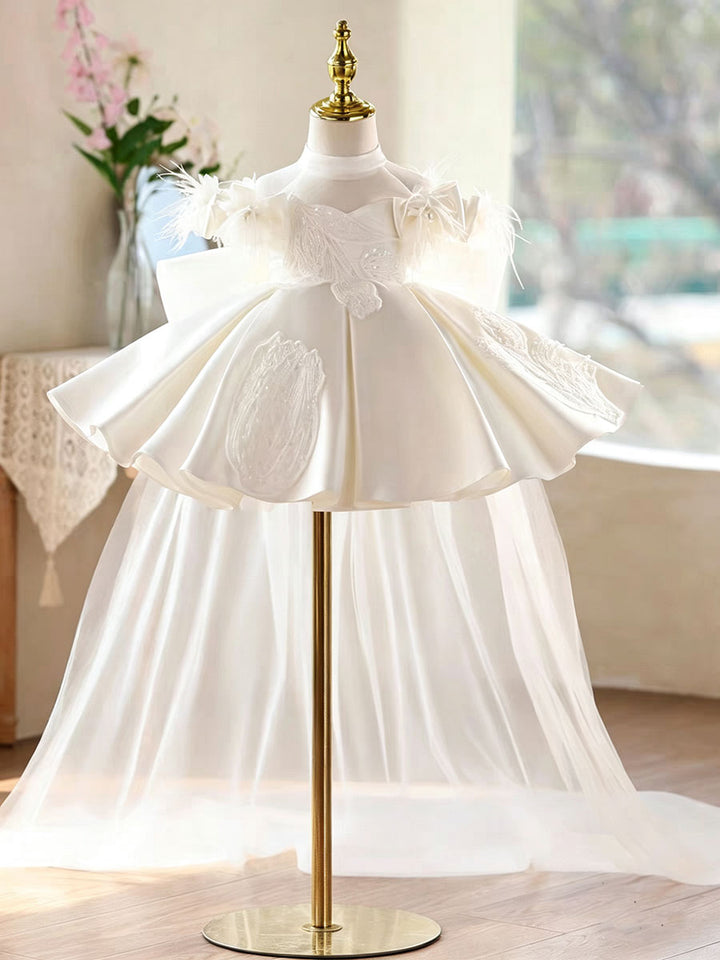 Luxury White Feather Flower Girl Dress with 3D Embroidery Tulle Princess Wedding Gown J893