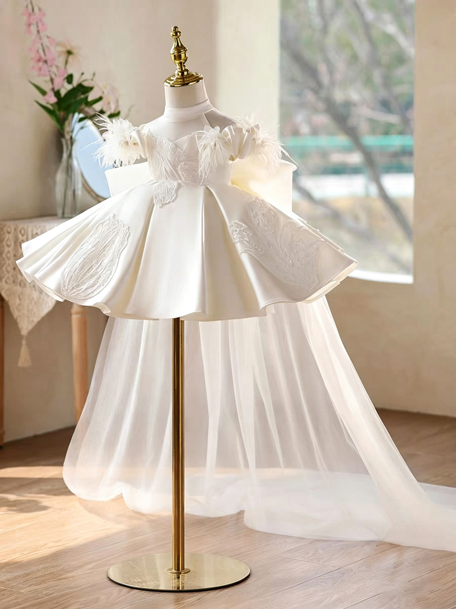 Luxury White Feather Flower Girl Dress with 3D Embroidery Tulle Princess Wedding Gown J893