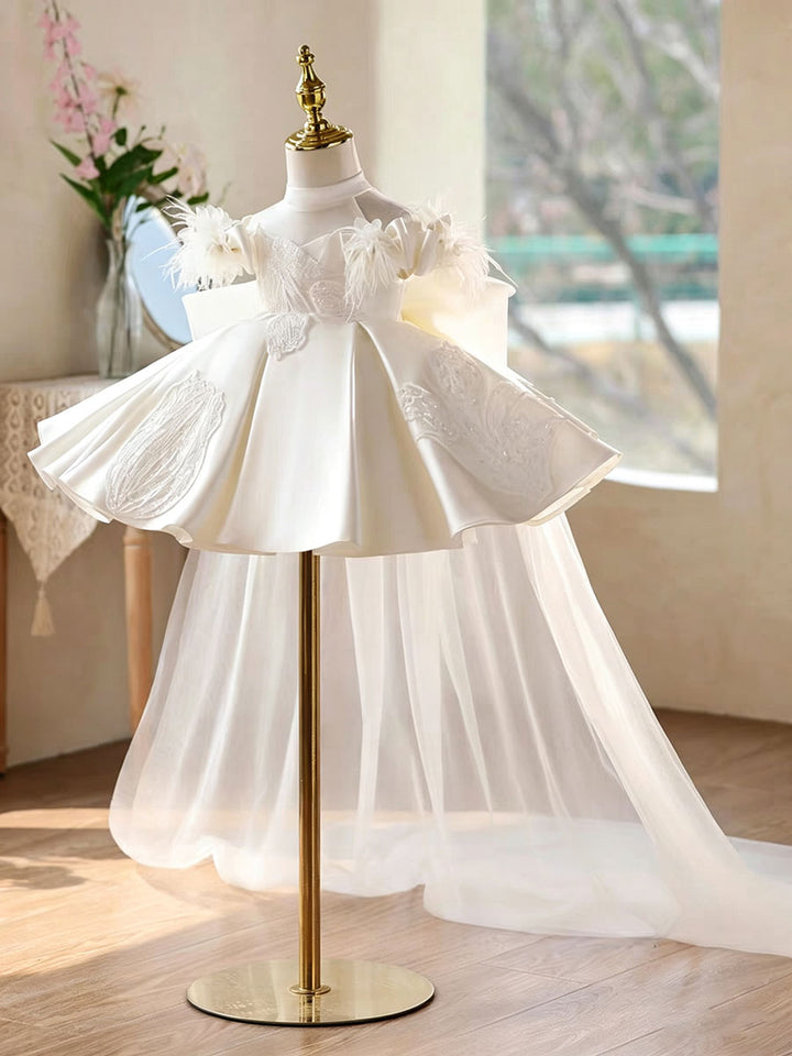 Luxury White Feather Flower Girl Dress with 3D Embroidery Tulle Princess Wedding Gown J893