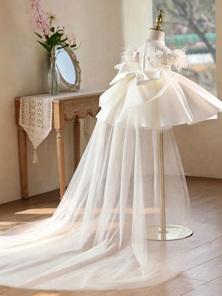Luxury White Feather Flower Girl Dress with 3D Embroidery Tulle Princess Wedding Gown J893