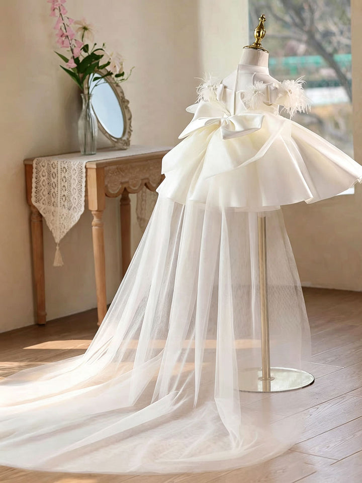 Luxury White Feather Flower Girl Dress with 3D Embroidery Tulle Princess Wedding Gown J893