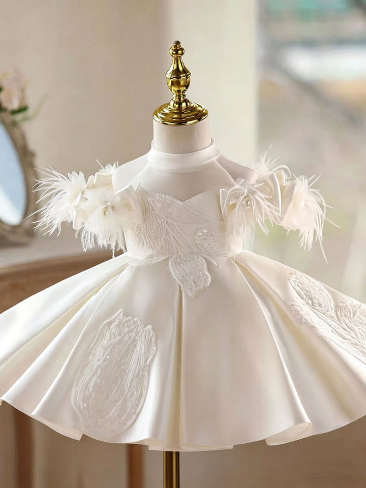 Luxury White Feather Flower Girl Dress with 3D Embroidery Tulle Princess Wedding Gown J893