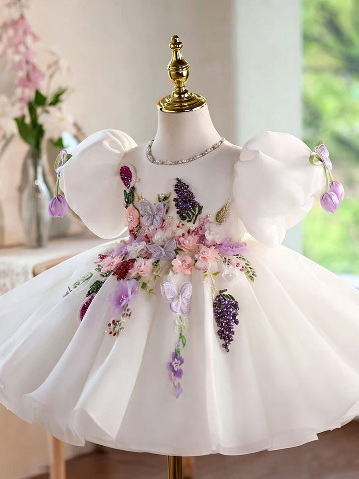 White Flower Girl Dress with 3D Floral Embroidery Butterfly Wedding Party Gown J897