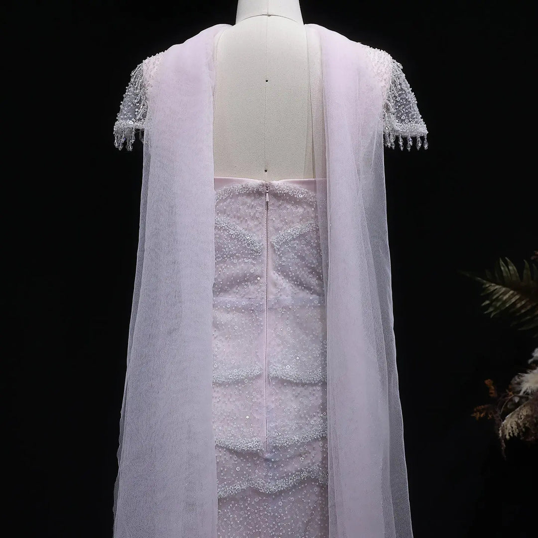 Luxury Gradient White Beaded Layered Evening Gown with Scarf SS523