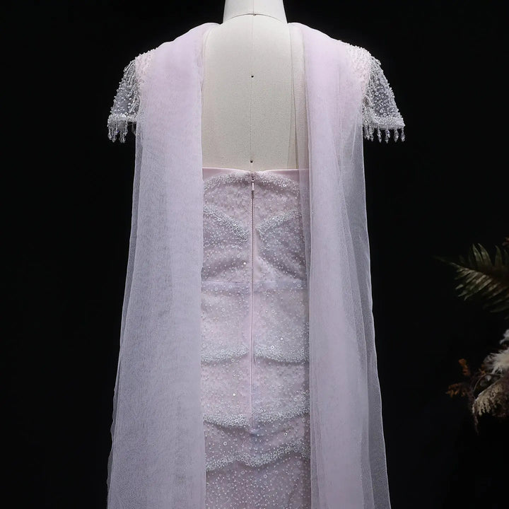 Luxury Gradient White Beaded Layered Evening Gown with Scarf SS523