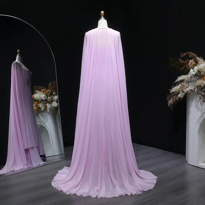 Luxury Pink Strapless Ruched Evening Dress with 3D Floral Appliqués and Cape SF223