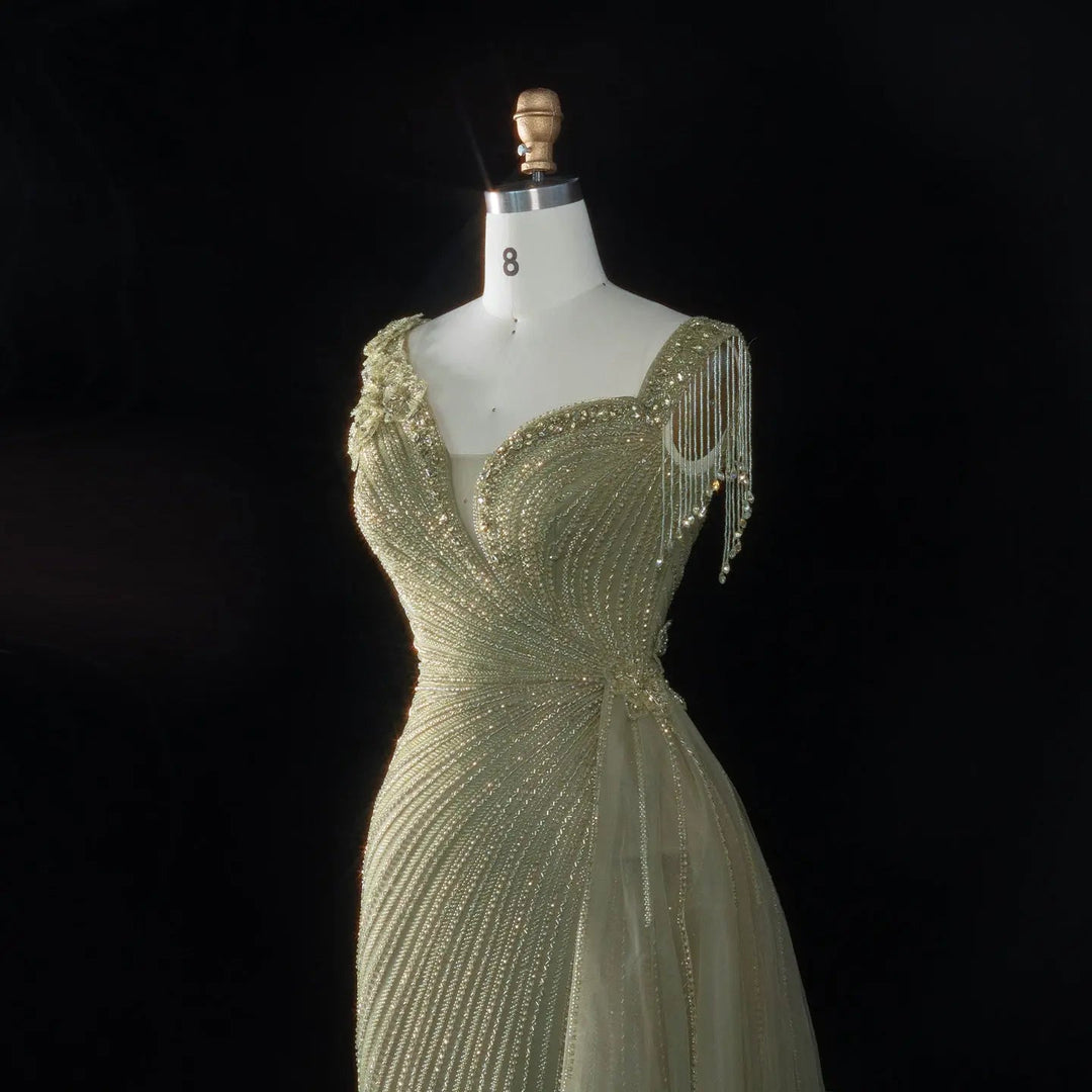 ‌ Luxury Intricately Beaded Fringe-Shoulder Fitted Evening Gown SS103