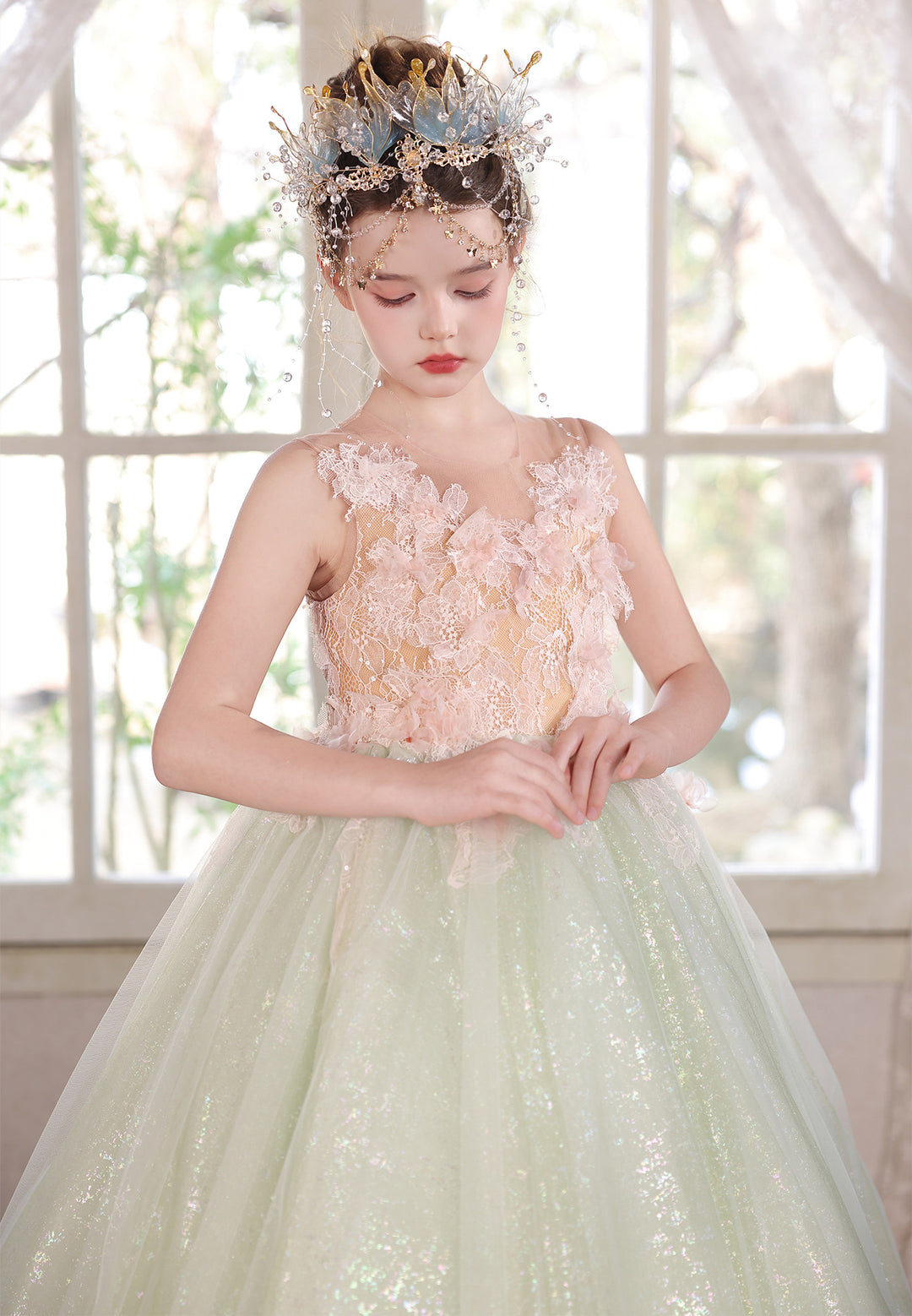 Sage Green Floral Lace Princess Ball Gown Flower Girl Dress J118