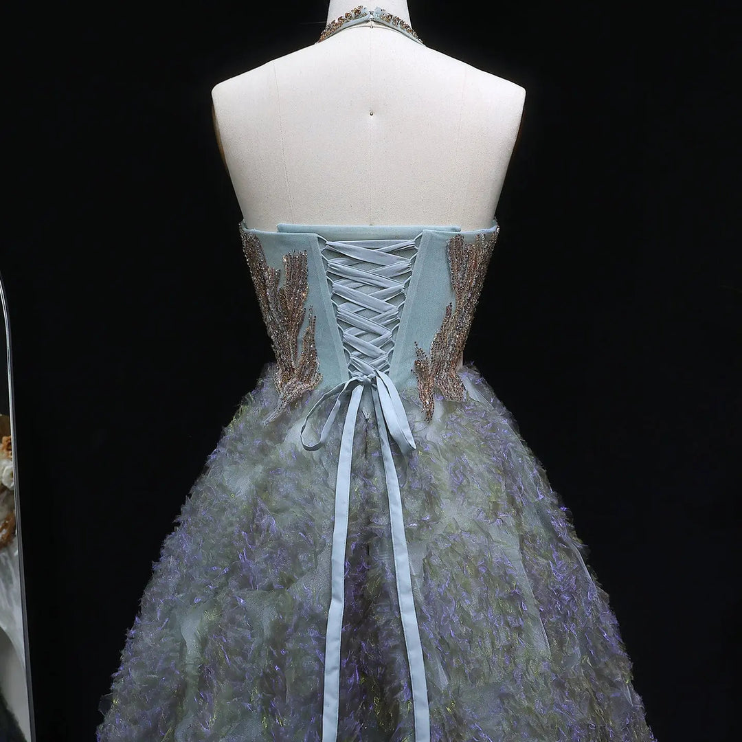 Elegant Gray Green Gradient Halter Prom Dress with Voluminous SS735