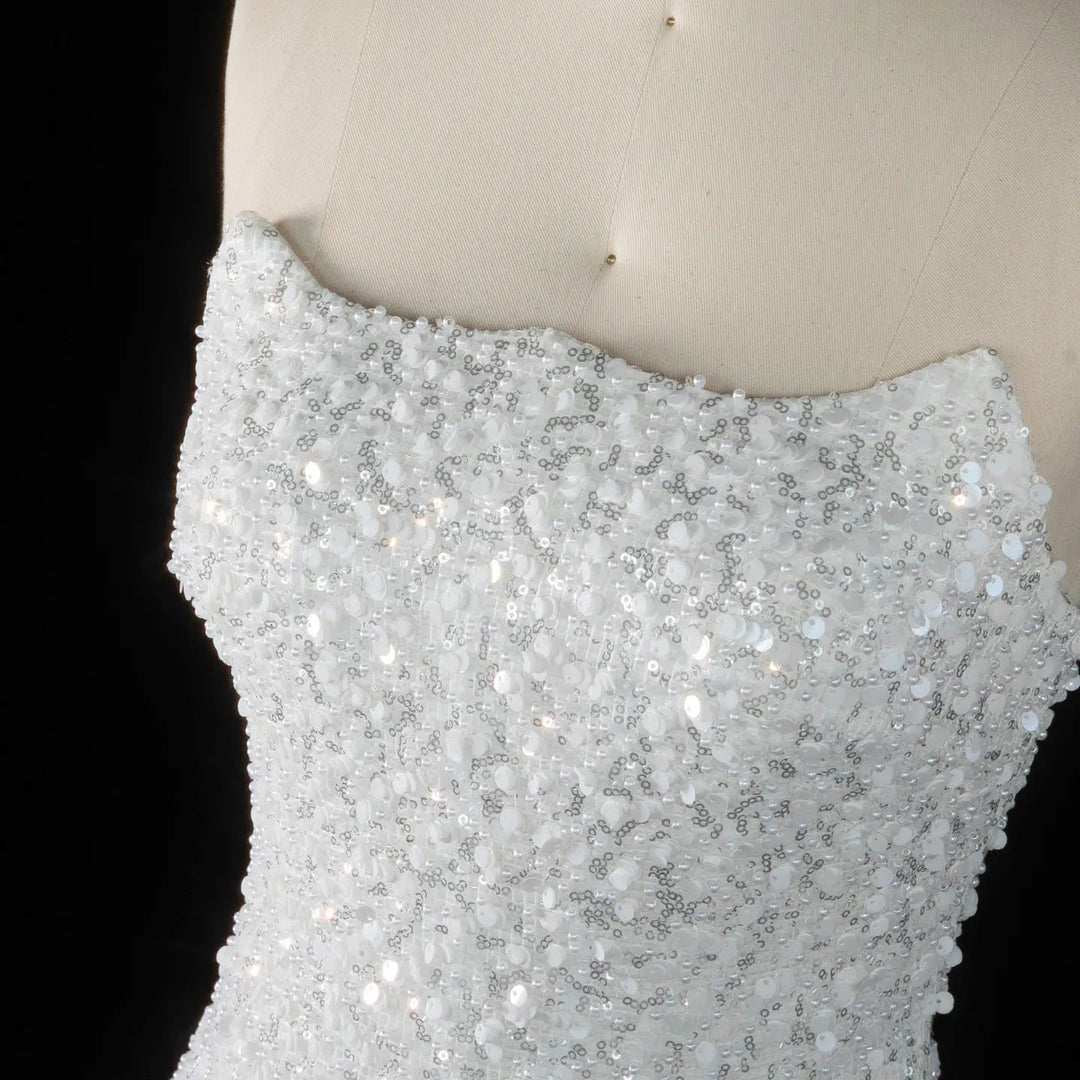 Elegant White Sequin and Pearl Strapless Mini Wedding Dress SW520