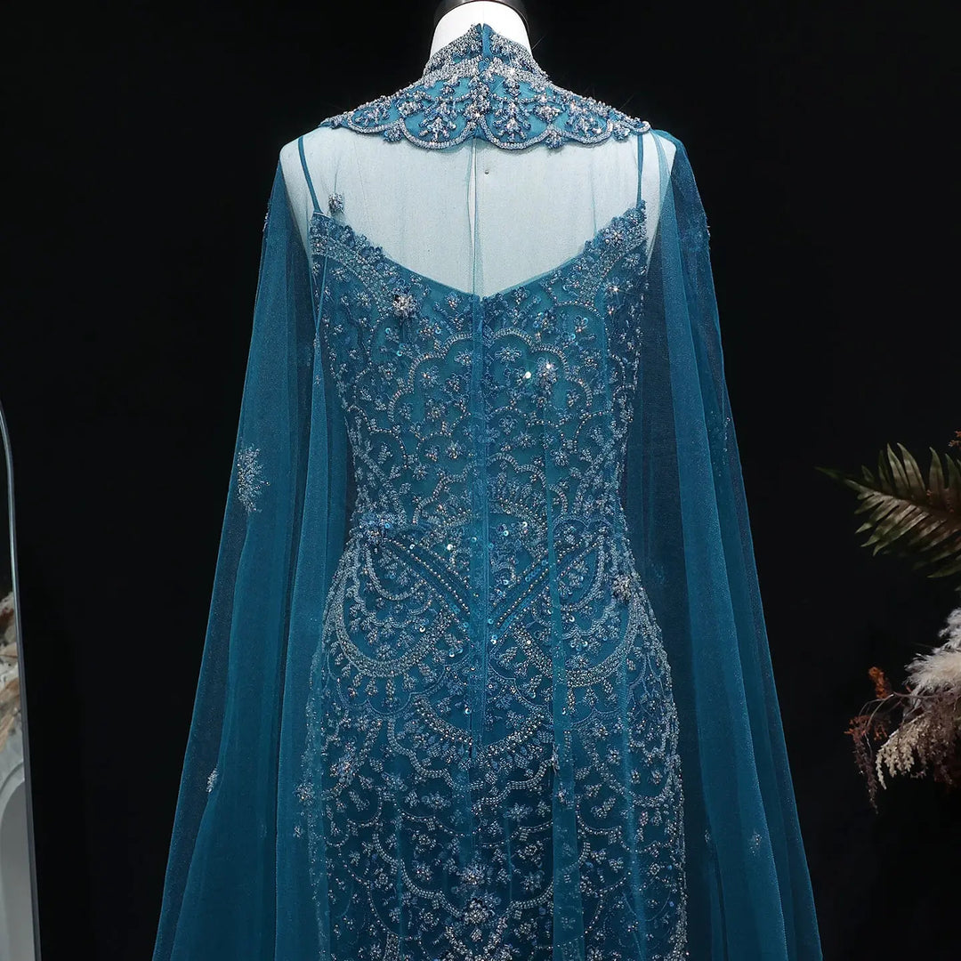 Luxury Teal High Neck Beaded Evening Gown with Sheer Long Sleeves Cape SS028