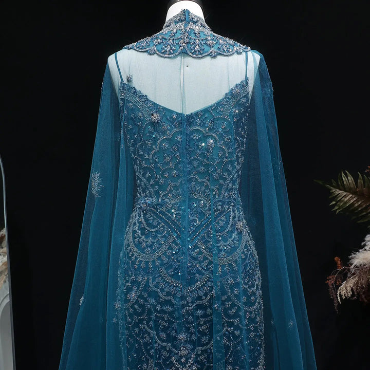 Luxury Teal High Neck Beaded Evening Gown with Sheer Long Sleeves Cape SS028