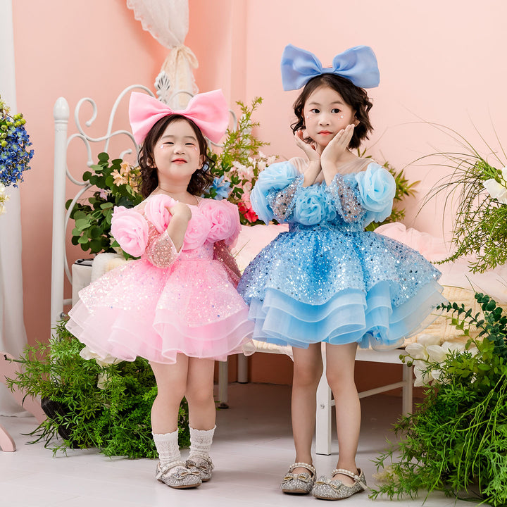 Flower Girl Dress with 3D Floral Accents Sparkling Sequins D099