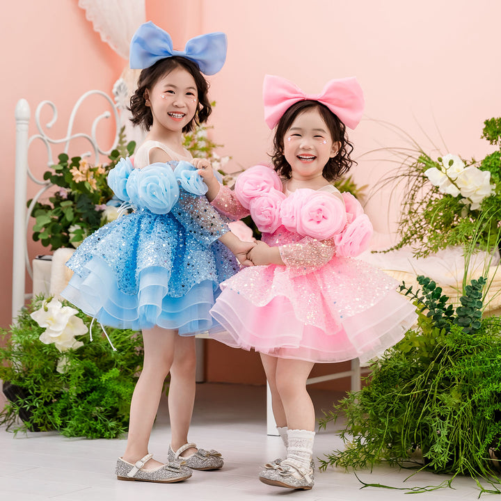 Flower Girl Dress with 3D Floral Accents Sparkling Sequins D099