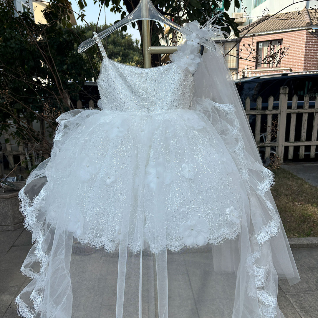 Luxury White Flower Girl Dress with 3D Floral Lace Puffy Skirt M016