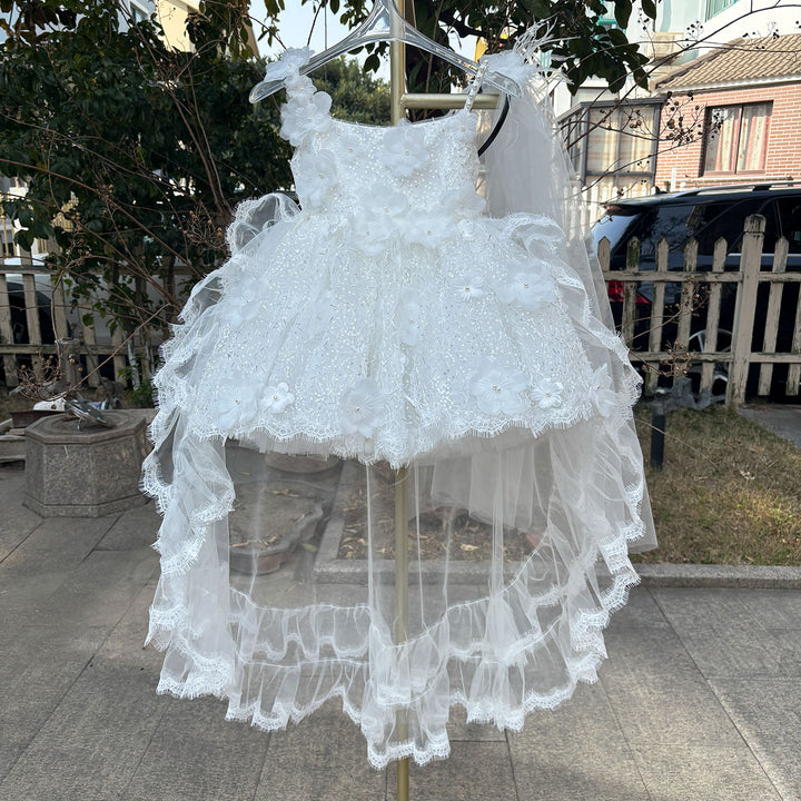Luxury White Flower Girl Dress with 3D Floral Lace Puffy Skirt M016