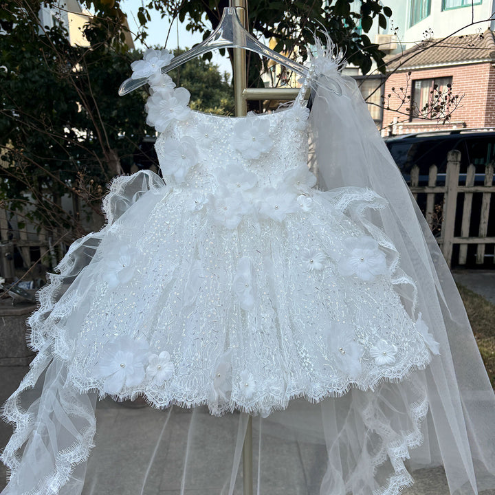 Luxury White Flower Girl Dress with 3D Floral Lace Puffy Skirt M016