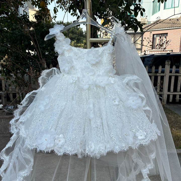 Luxury White Flower Girl Dress with 3D Floral Lace Puffy Skirt M016