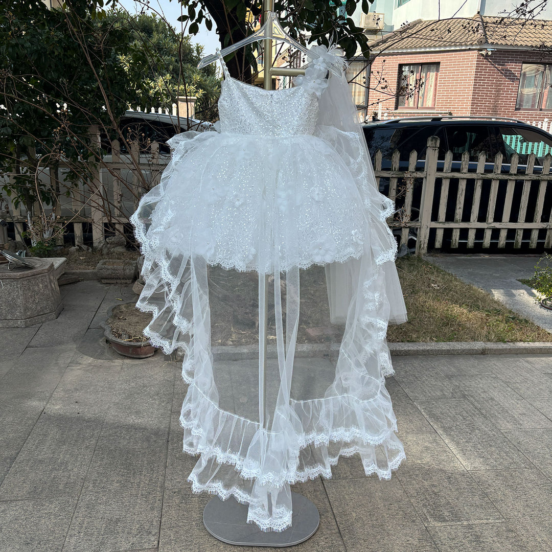 Luxury White Flower Girl Dress with 3D Floral Lace Puffy Skirt M016