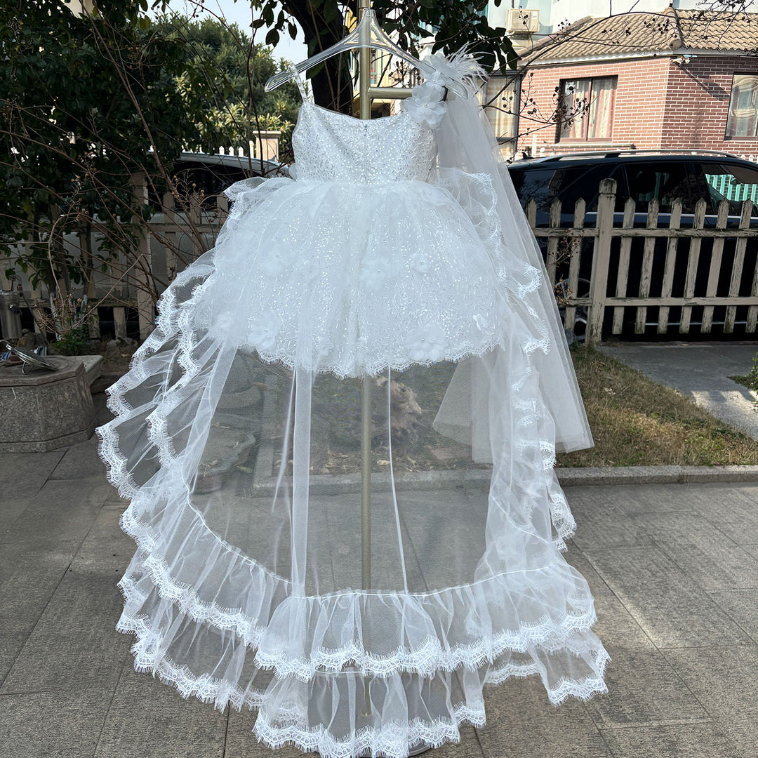 Luxury White Flower Girl Dress with 3D Floral Lace Puffy Skirt M016