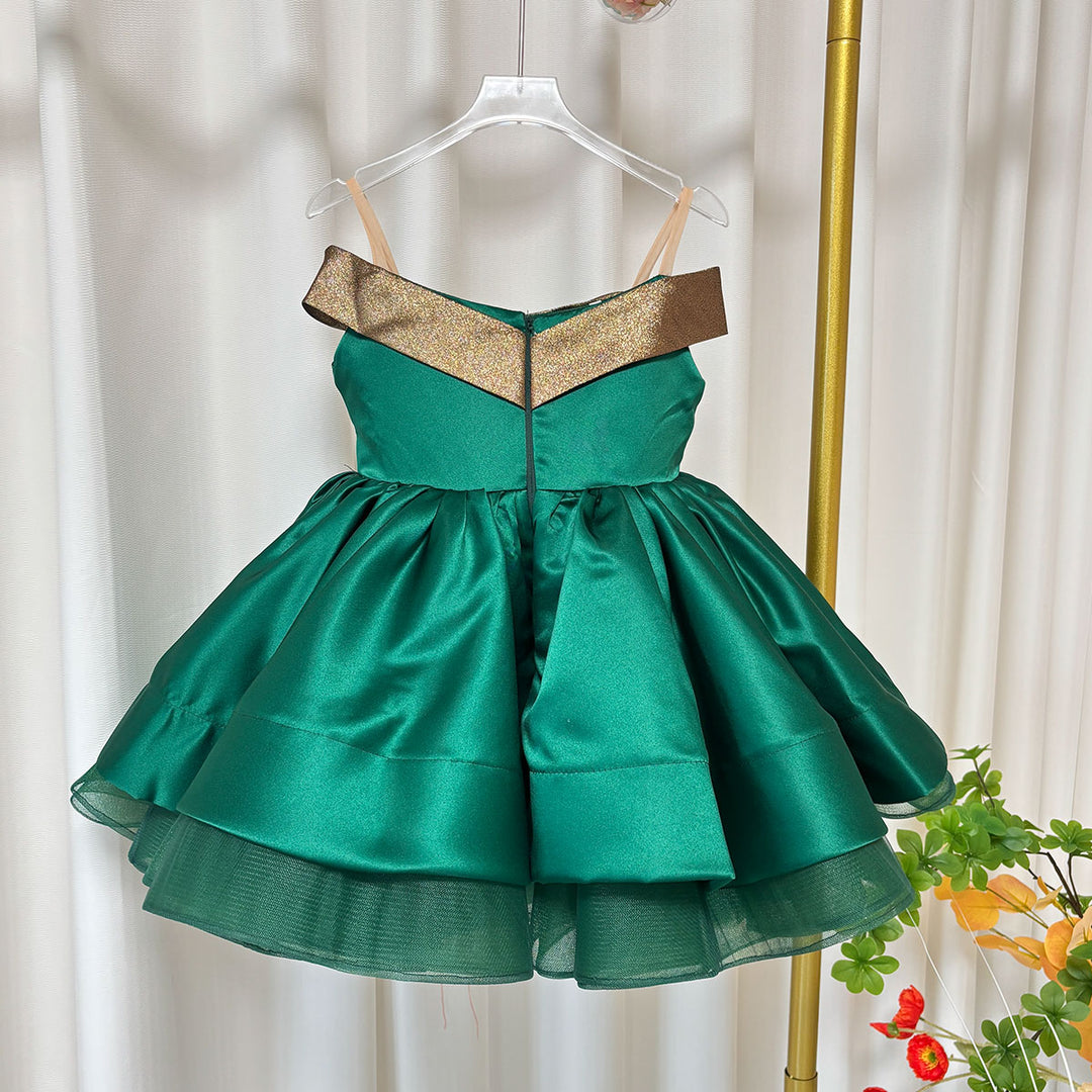 Christmas Off Shoulder Satin Girl Dress Knee Length Ball Gown J284