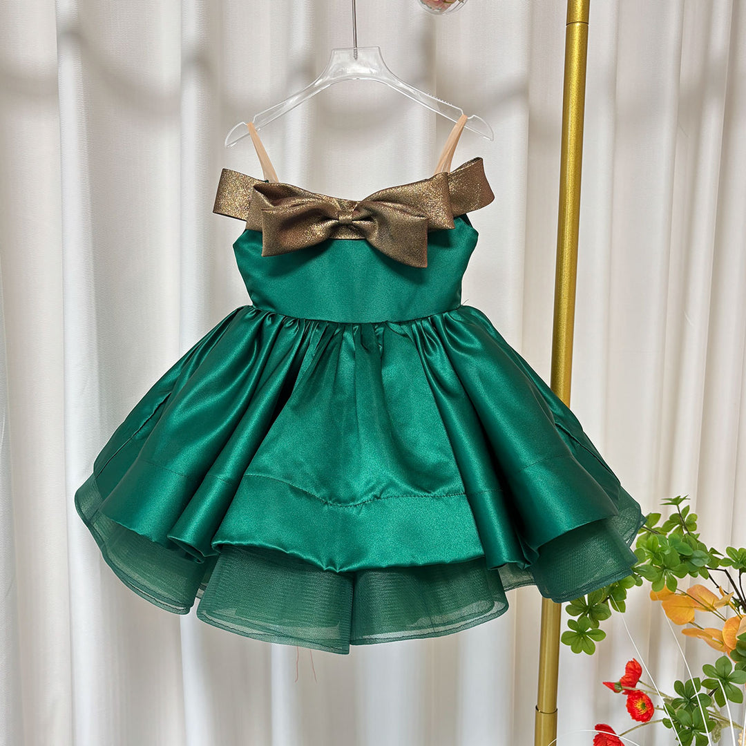 Christmas Off Shoulder Satin Girl Dress Knee Length Ball Gown J284