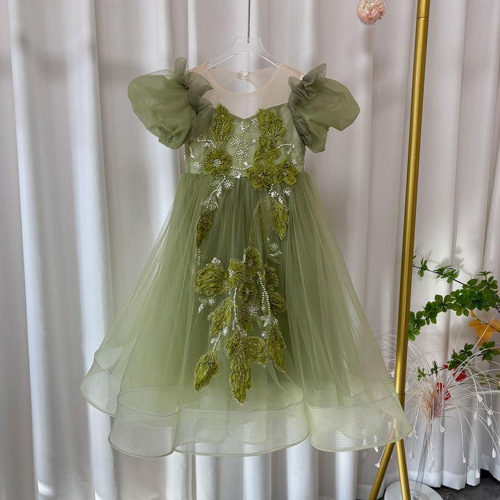Forest Inspired Tulle Flower Girl Dress with 3D Embroidery D123