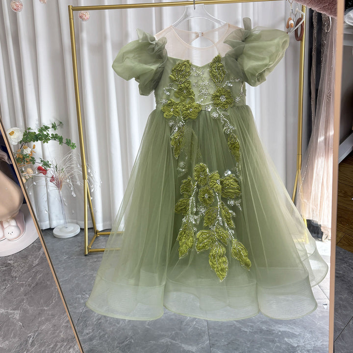 Forest Inspired Tulle Flower Girl Dress with 3D Embroidery D123